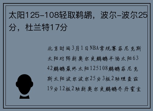 太阳125-108轻取鹈鹕，波尔-波尔25分，杜兰特17分