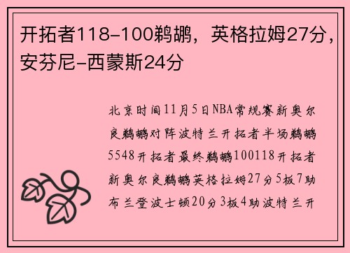 开拓者118-100鹈鹕，英格拉姆27分，安芬尼-西蒙斯24分