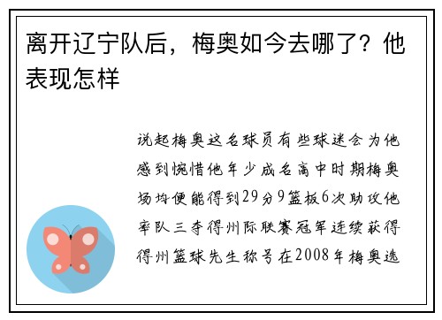 离开辽宁队后，梅奥如今去哪了？他表现怎样